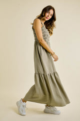 Olive Smocked Embroidered Ruffle Strap Maxi Dress