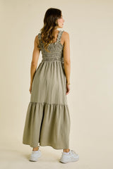 Olive Smocked Embroidered Ruffle Strap Maxi Dress