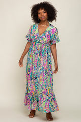 Blue Multi-Color Floral Ruffle Maxi Dress