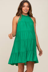 Green Ruffle Mock Neck Tiered Maternity Dress