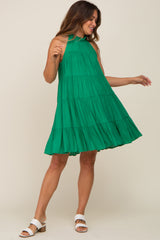 Green Ruffle Mock Neck Tiered Maternity Dress