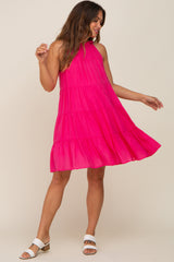 Fuchsia Ruffle Mock Neck Tiered Maternity Dress