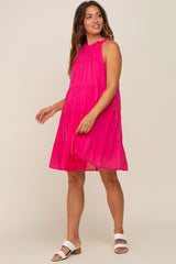 Fuchsia Ruffle Mock Neck Tiered Maternity Dress