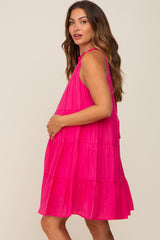 Fuchsia Ruffle Mock Neck Tiered Maternity Dress