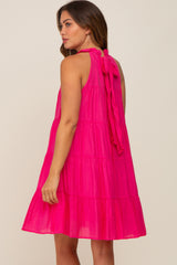 Fuchsia Ruffle Mock Neck Tiered Maternity Dress