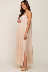 Beige Satin Side Slit Maternity Maxi Dress