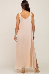 Beige Satin Side Slit Maternity Maxi Dress