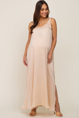 Beige Satin Side Slit Maternity Maxi Dress