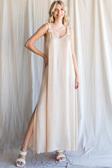 Beige Satin Side Slit Maternity Maxi Dress