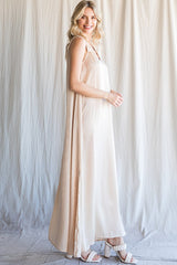 Beige Satin Side Slit Maxi Dress