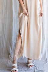 Beige Satin Side Slit Maxi Dress