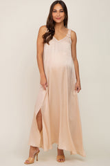 Beige Satin Side Slit Maternity Maxi Dress