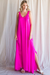 Fuchsia Satin Side Slit Maternity Maxi Dress