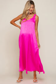 Fuchsia Satin Side Slit Maternity Maxi Dress