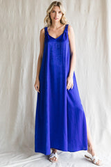 Royal Blue Satin Side Slit Maxi Dress