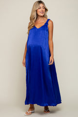 Royal Blue Satin Side Slit Maternity Maxi Dress