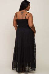 Black Textured Dot Chiffon Sleeveless Plus Maxi Dress