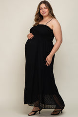 Black Textured Dot Chiffon Sleeveless Plus Maternity Maxi Dress