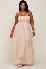 Beige Textured Dot Chiffon Sleeveless Plus Maternity Maxi Dress