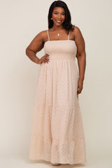 Beige Textured Dot Chiffon Sleeveless Plus Maxi Dress