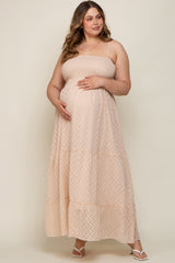 Beige Textured Dot Chiffon Sleeveless Plus Maternity Maxi Dress