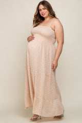 Beige Textured Dot Chiffon Sleeveless Plus Maternity Maxi Dress