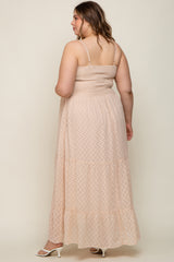 Beige Textured Dot Chiffon Sleeveless Plus Maternity Maxi Dress