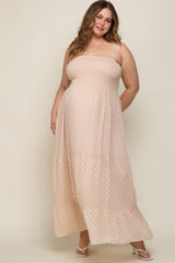 Beige Textured Dot Chiffon Sleeveless Plus Maternity Maxi Dress