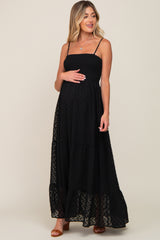 Black Textured Dot Chiffon Sleeveless Maternity Maxi Dress