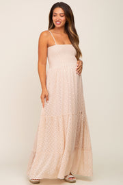 Beige Textured Dot Chiffon Sleeveless Maternity Maxi Dress