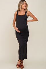 Black Ribbed Square Neck Low Scoop Back Maternity Midi Dress