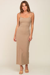 Taupe Soft Knit Shoulder Tie Maxi Dress