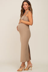 Taupe Soft Knit Shoulder Tie Maternity Maxi Dress