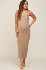 Taupe Soft Knit Shoulder Tie Maternity Maxi Dress