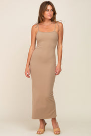 Taupe Soft Knit Shoulder Tie Maxi Dress