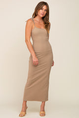 Taupe Soft Knit Shoulder Tie Maxi Dress