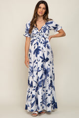 Ivory Floral Smocked Front Tie Short Puff Sleeve Maternity Maxi Dress