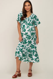 Green Floral Smocked Maternity Midi Dress