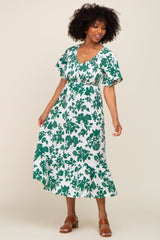 Green Floral Smocked Midi Dress