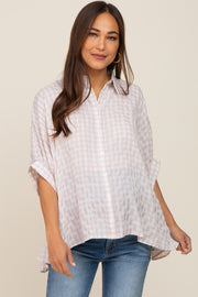 Beige Gingham Button Up Collared Boxy Maternity Top