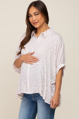 Beige Gingham Button Up Collared Boxy Maternity Top