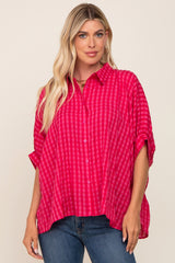 Red Gingham Button Up Collared Boxy Top