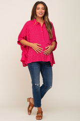 Red Gingham Button Up Collared Boxy Maternity Top