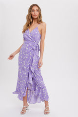 Lavender Floral Flounce Hi-Lo Maternity Wrap Maxi Dress