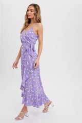 Lavender Floral Flounce Hi-Lo Wrap Maxi Dress