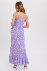 Lavender Floral Flounce Hi-Lo Wrap Maxi Dress