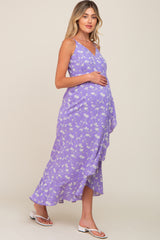 Lavender Floral Flounce Hi-Lo Maternity Wrap Maxi Dress