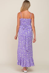 Lavender Floral Flounce Hi-Lo Maternity Wrap Maxi Dress