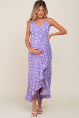 Lavender Floral Flounce Hi-Lo Maternity Wrap Maxi Dress