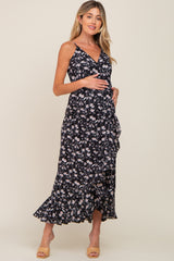 Black Floral Flounce Hi-Lo Maternity Wrap Maxi Dress